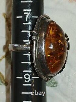 Vintage Large Baltic Amber & Sterling Silver Ring- Sz 8- 13.9 G-Made in Poland