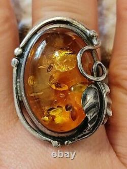 Vintage Large Baltic Amber & Sterling Silver Ring- Sz 8- 13.9 G-Made in Poland