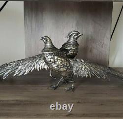 Vintage Large STERLING SILVER PAIR OF PHEASANTS BIRDS SCULPTURES Made Italy