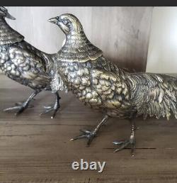Vintage Large STERLING SILVER PAIR OF PHEASANTS BIRDS SCULPTURES Made Italy