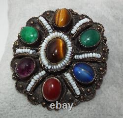 Vintage Made in Israel Sterling Silver multi Gemstone Brooch Pin pendant 925