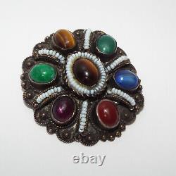 Vintage Made in Israel Sterling Silver multi Gemstone Brooch Pin pendant 925