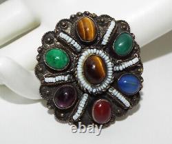 Vintage Made in Israel Sterling Silver multi Gemstone Brooch Pin pendant 925