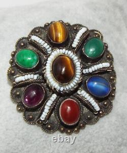 Vintage Made in Israel Sterling Silver multi Gemstone Brooch Pin pendant 925