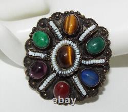 Vintage Made in Israel Sterling Silver multi Gemstone Brooch Pin pendant 925