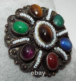 Vintage Made in Israel Sterling Silver multi Gemstone Brooch Pin pendant 925