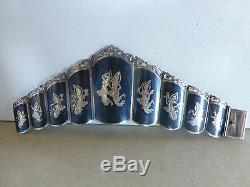Vintage Made in Siam sterling silver niello enamel wide crown bracelet link pane
