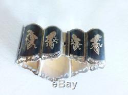 Vintage Made in Siam sterling silver niello enamel wide crown bracelet link pane