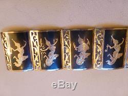 Vintage Made in Siam sterling silver wide link panel bracelet dancer niello open
