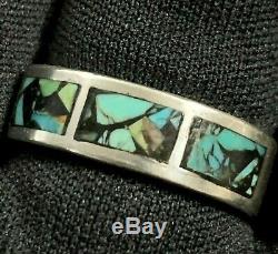 Vintage Mens Estate Sterling Silver Chip Turquoise Inlay Hand Made Band Ring 10