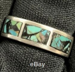 Vintage Mens Estate Sterling Silver Chip Turquoise Inlay Hand Made Band Ring 10