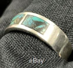 Vintage Mens Estate Sterling Silver Chip Turquoise Inlay Hand Made Band Ring 10