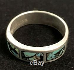 Vintage Mens Estate Sterling Silver Chip Turquoise Inlay Hand Made Band Ring 10