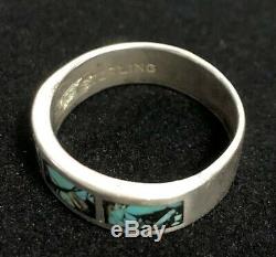 Vintage Mens Estate Sterling Silver Chip Turquoise Inlay Hand Made Band Ring 10