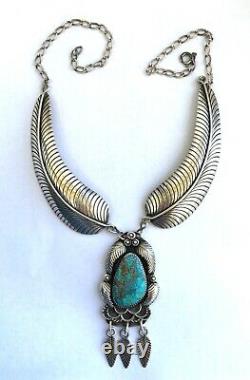 Vintage Native Amer Navajo Hand Made Sterling Feather & Turquoise Necklace EB