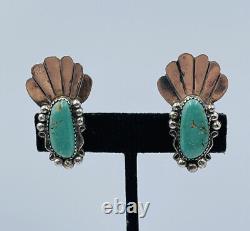 Vintage Navajo Sterling Silver Turquoise Hand Made Clip Earrings