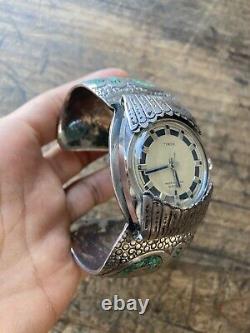 Vintage Navajo made Turquoise Sterling Silver Watch Cuff Working Timex Manual
