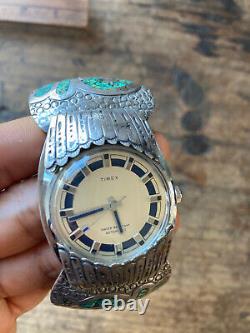 Vintage Navajo made Turquoise Sterling Silver Watch Cuff Working Timex Manual