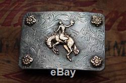 Vintage Rare Sterling Silver 10K Gold Hand Made Saddle Bronc Western Belt Buckle