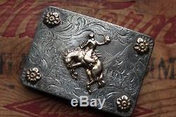 Vintage Rare Sterling Silver 10K Gold Hand Made Saddle Bronc Western Belt Buckle