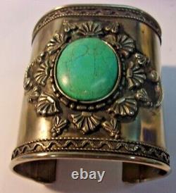 Vintage STERLING SILVER +TURQUOISE Cuff Bracelet Hand Made no hallmark 3 wide