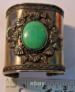 Vintage STERLING SILVER +TURQUOISE Cuff Bracelet Hand Made no hallmark 3 wide