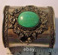 Vintage STERLING SILVER +TURQUOISE Cuff Bracelet Hand Made no hallmark 3 wide