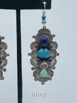 Vintage Signed Sterling Silver Navajo Turquoise Hand Made Long Dangle Earrings