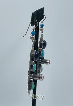 Vintage Signed Sterling Silver Navajo Turquoise Hand Made Long Dangle Earrings