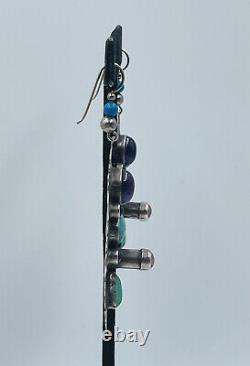 Vintage Signed Sterling Silver Navajo Turquoise Hand Made Long Dangle Earrings