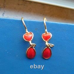 Vintage Silver 35mm Red coral Baroque Gem dangle earrings made in italy