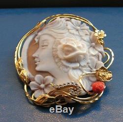 Vintage Silver Gold Carved Shell Cameo Brooch Pendant Made in Italy