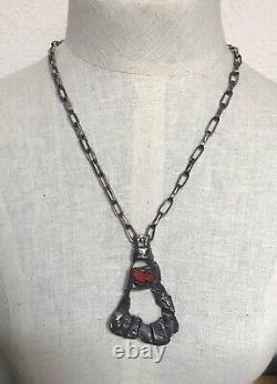 Vintage Solid Sterling Silver & Red Coral Necklace Free Form Artist Made 93.9 Gr