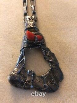 Vintage Solid Sterling Silver & Red Coral Necklace Free Form Artist Made 93.9 Gr