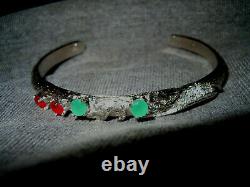 Vintage Sterling Silver 14 Gram Artisan Made Garnet Emerald Cuff Bracelet