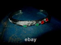 Vintage Sterling Silver 14 Gram Artisan Made Garnet Emerald Cuff Bracelet