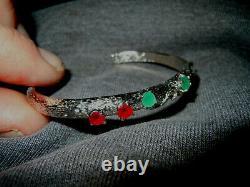 Vintage Sterling Silver 14 Gram Artisan Made Garnet Emerald Cuff Bracelet