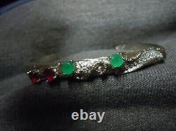 Vintage Sterling Silver 14 Gram Artisan Made Garnet Emerald Cuff Bracelet