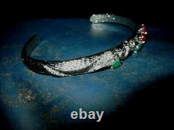 Vintage Sterling Silver 14 Gram Artisan Made Garnet Emerald Cuff Bracelet