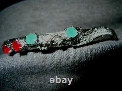 Vintage Sterling Silver 14 Gram Artisan Made Garnet Emerald Cuff Bracelet