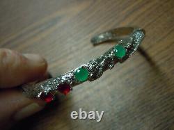 Vintage Sterling Silver 14 Gram Artisan Made Garnet Emerald Cuff Bracelet