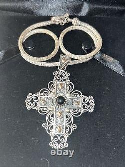 Vintage Sterling Silver 18k gold, Onyx large cross necklace made in 1990th Large