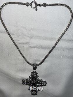 Vintage Sterling Silver 18k gold, Onyx large cross necklace made in 1990th Large