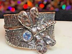 Vintage Sterling Silver Blue Topaz Ring Signed Or Paz Made In Israel Dragon Fly