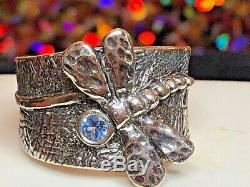 Vintage Sterling Silver Blue Topaz Ring Signed Or Paz Made In Israel Dragon Fly
