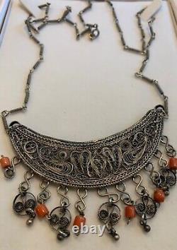 Vintage Sterling Silver Carnelian Stone Filigree Necklace Made In Israel