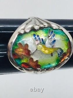 Vintage Sterling Silver Hand Made Enamel Bird Ring Size 6.5