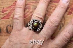 Vintage Sterling Silver Hand Made Ring Fire Agate With Dragons 24.6 g Size 11.75