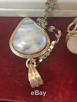 Vintage Sterling Silver Moonstone Pendant & Ring Set Gemstone Made In India