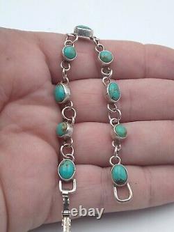 Vintage Sterling Silver Navajo Made Turquoise Link Bracelet 7 In